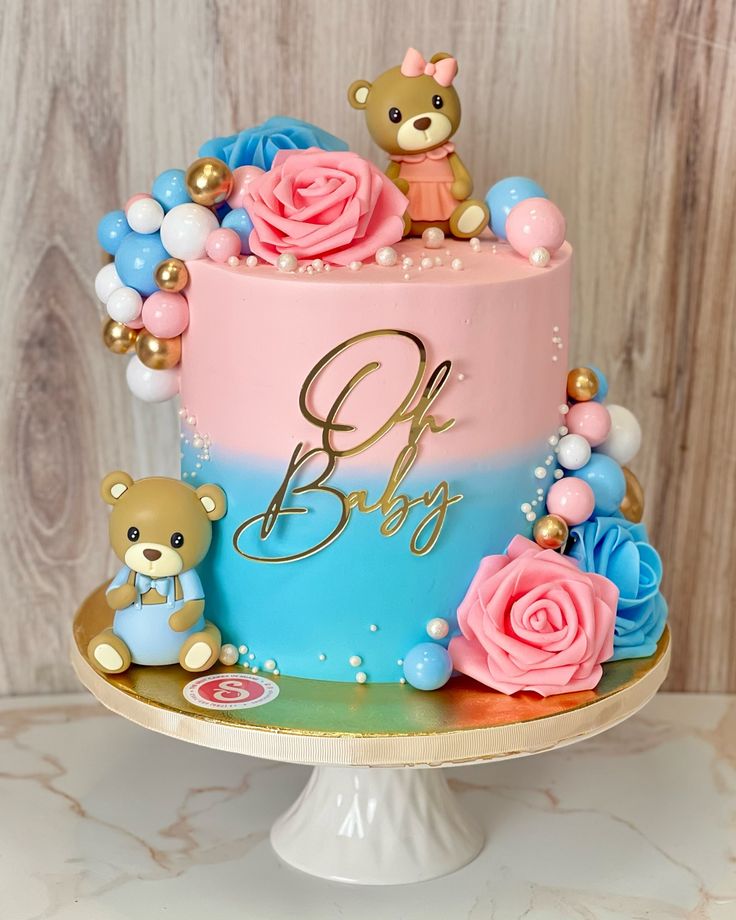 🧸 Oh Baby Floral Teddy Cake – Baby Shower Cake
