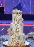 💍 Luxury Floral Three-Tier Wedding Cake – Gold Accent Designer Cake