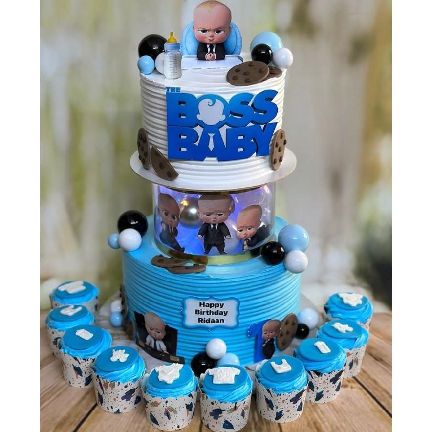 Boss Baby Theme LED Two-Tier Cake with Cupcakes